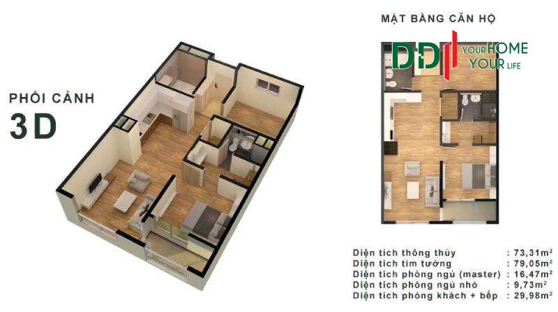 Phối cảnh 3D minh họa diện tích căn hộ