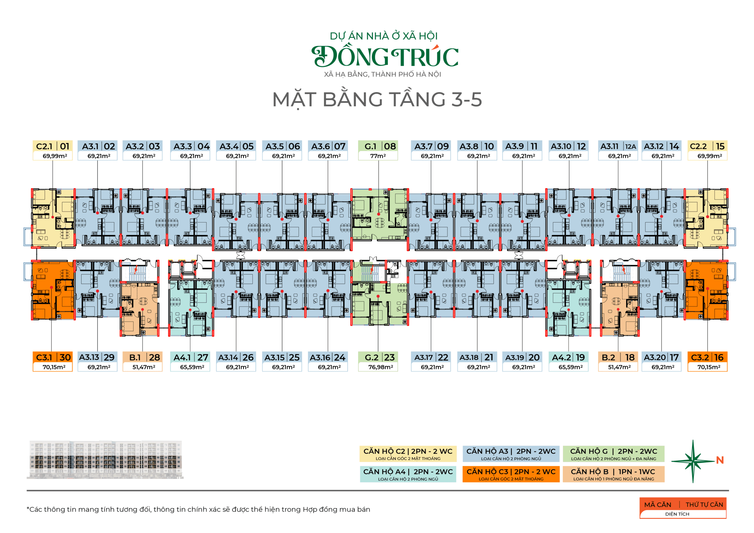 Dự án nhà ở xã hội Đồng Trúc 9 Sơ đồ mặt bằng tầng 3 - 5
